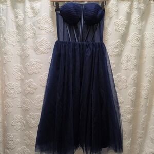 TS Couture Navy Blue Tulle Corset Cocktail Dress Sheer Bodice Lace Up Back Prom
